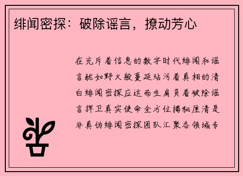 绯闻密探：破除谣言，撩动芳心